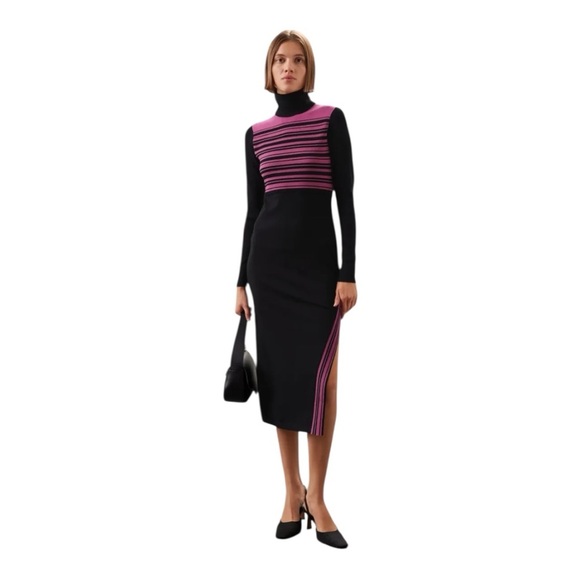 Toccin Dresses & Skirts - Toccin Turtleneck Sweater Dress Stripe Long Sleeve Black & Pink Knit Size Large